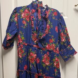 Blue Floral Ruffle Front Midi Dress